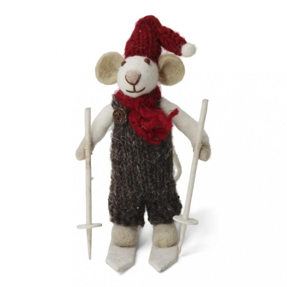 Gry & Sif Small White Boy Mouse on Skis w/Brown Pants