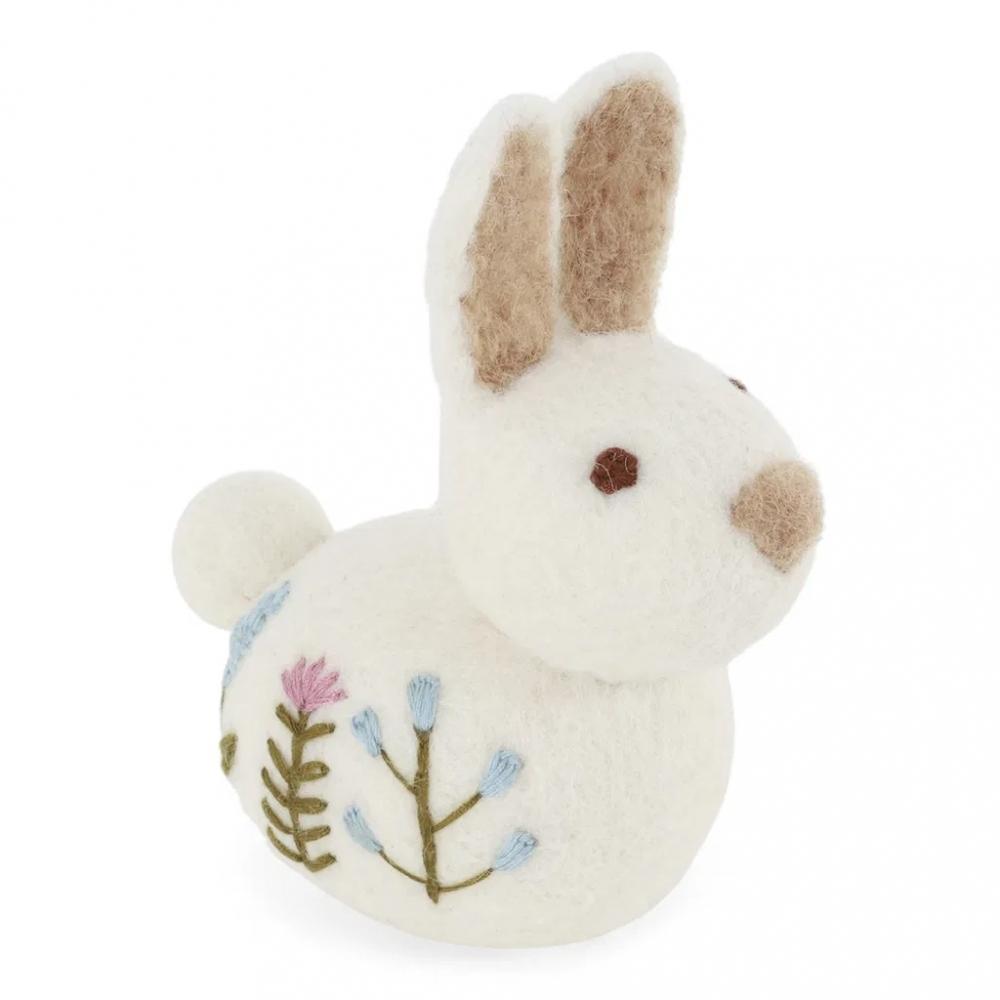 Sitting Bunny w/Flower Embroidery - White